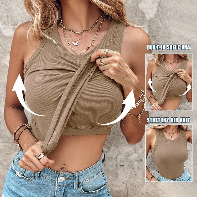 Round Neck Built-in Bra Ribbed Tank Top/Ribbed Built-in Bra Tank Top