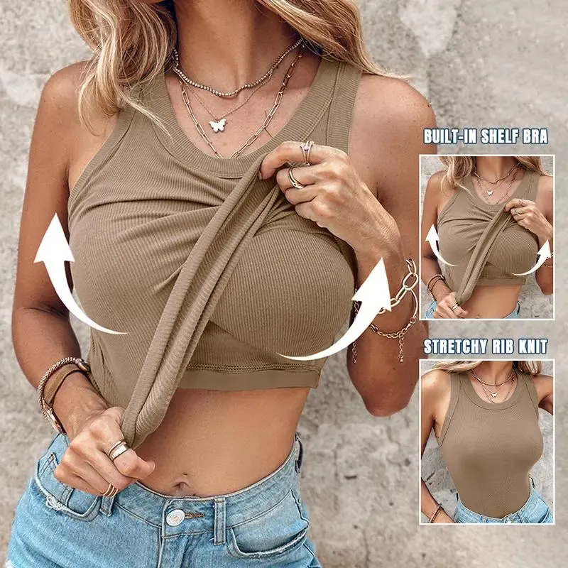Round Neck Built-in Bra Ribbed Tank Top/Ribbed Built-in Bra Tank Top
