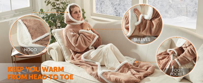 DOWNCOOL Wearable Electric Heated Blanket with Sleeves & Hood & Foot Pockets Flannel Sherpa Blanket for Adults Heated Blanket with 1-12 Hours Auto-off & 10 Heat Settings 50x70 Inch electric heating for Bedroom Home