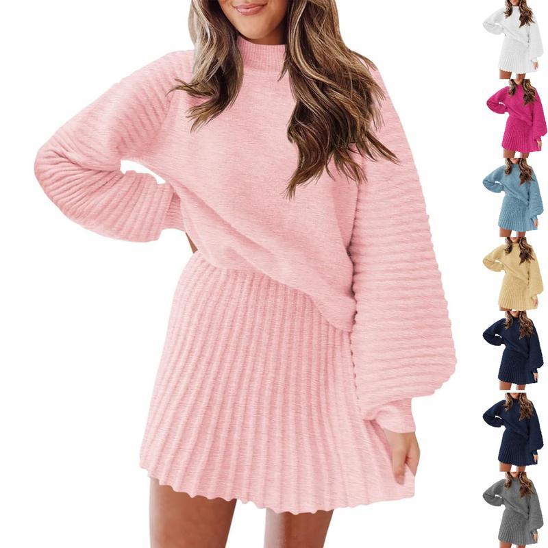 Women's 2 Piece Outfits 2026 Long Sleeve Mock Neck Ribbed Sweaters And Mini Skirt Two Piece Sets
