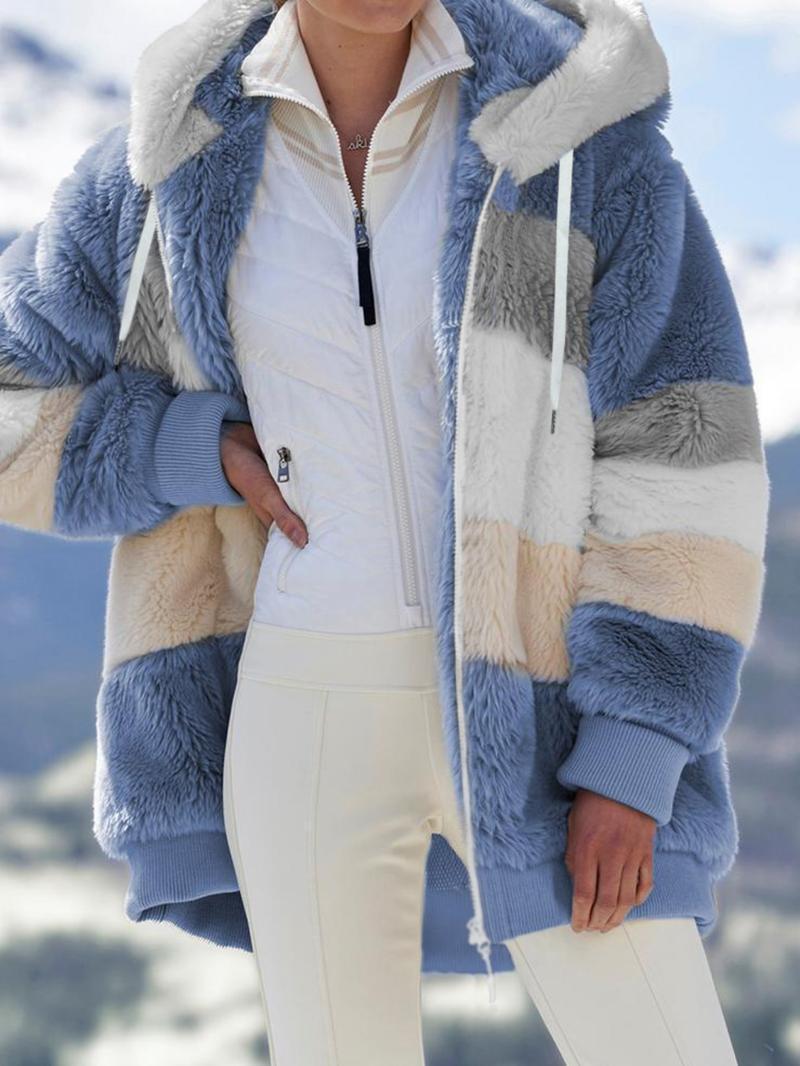 Women's Colorblock Drop Shoulder Hooded Polar Fleece Coat, Fashion Casual Long Sleeve Zip Up Warm Outerwear For Daily Outdoor Wear, Women's Clothing, Jackets