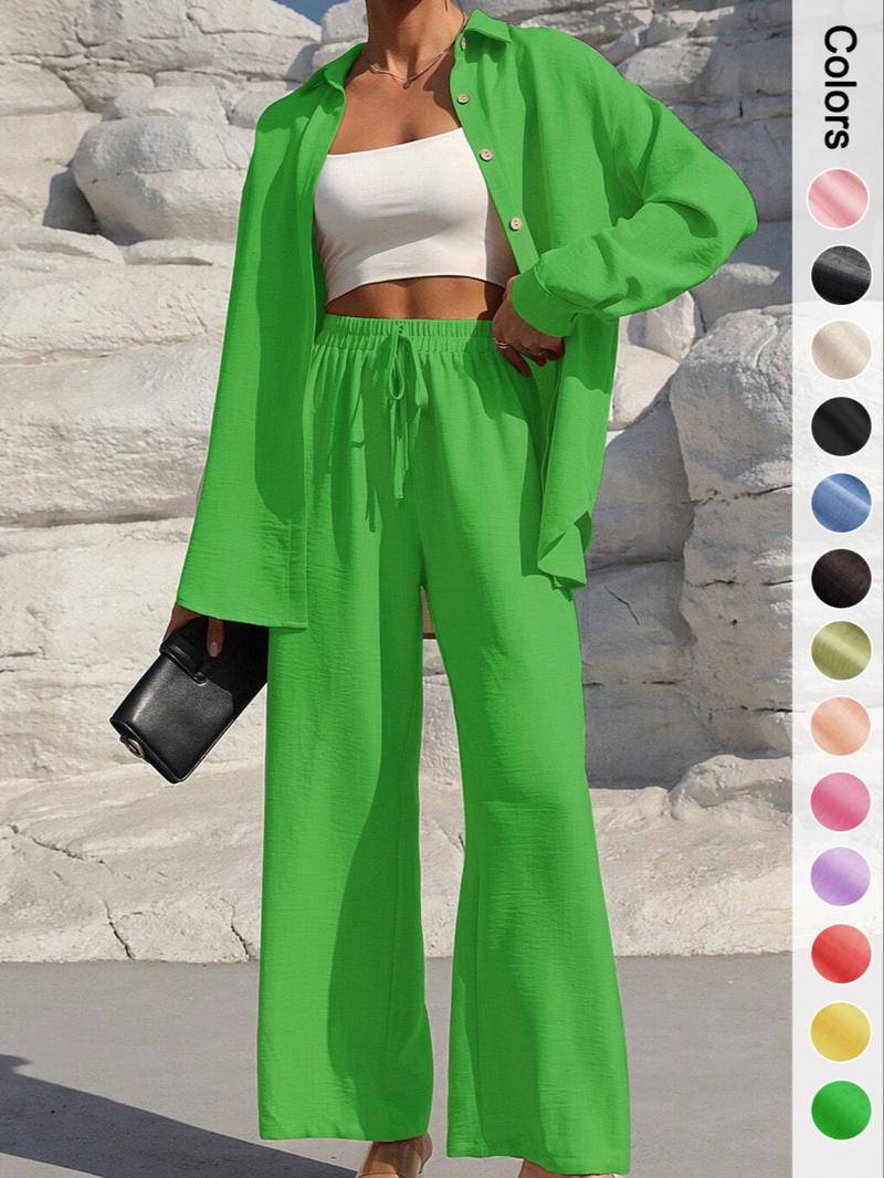 Women's Solid Button Front Collared Shirt & Tie Front Wide Leg Pants Two-piece Set, Casual Drop Shoulder Long Sleeve Top & Trousers 2 Piece Set for Spring & Fall, Women's Clothes for Daily Wear