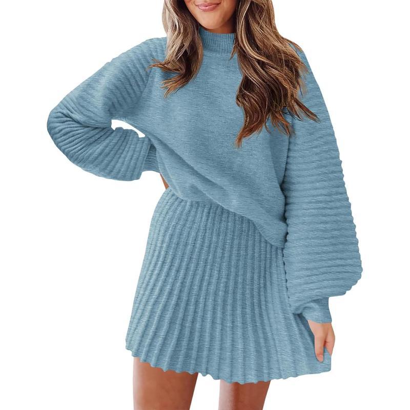 Women's 2 Piece Outfits 2026 Long Sleeve Mock Neck Ribbed Sweaters And Mini Skirt Two Piece Sets
