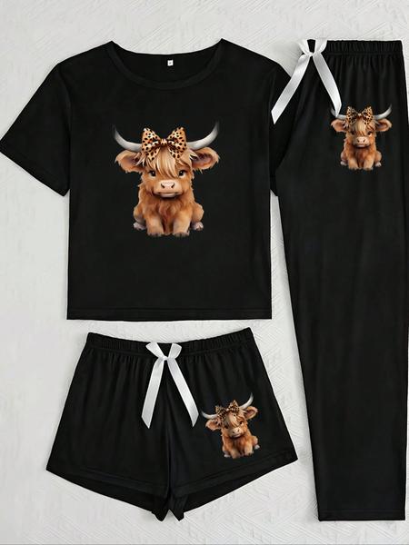 Cartoon Highland Cow Print Women's Pajama Sets, Casual All Seasons Nightwear, Fitted Knitted Fabric Sleepwear