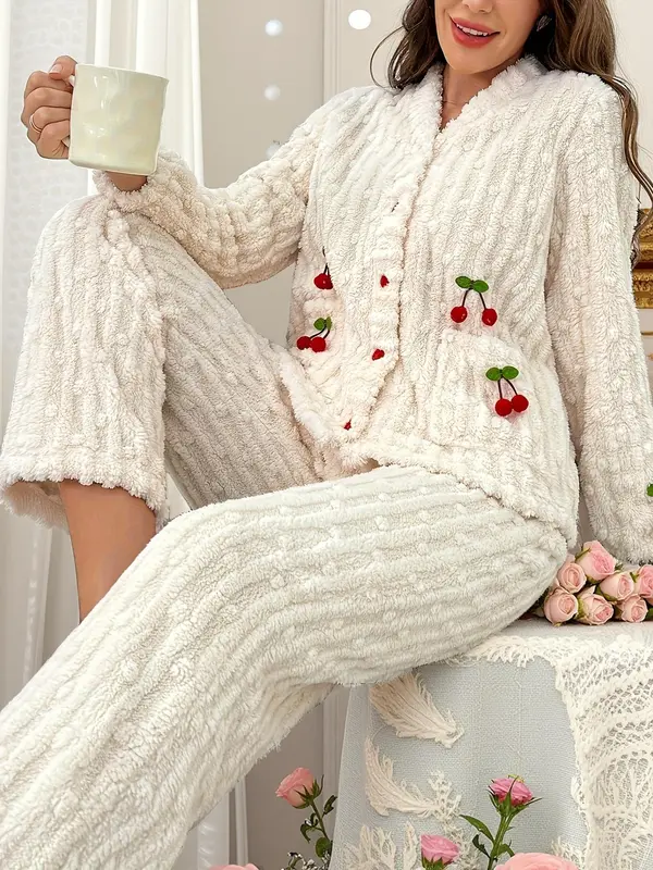 Women's Cherry Decor Fuzzy Lounge Set, Elegant Casual Long Sleeve Top & Pants Set, Women's Sleepwear for Fall & Winter, Pajama