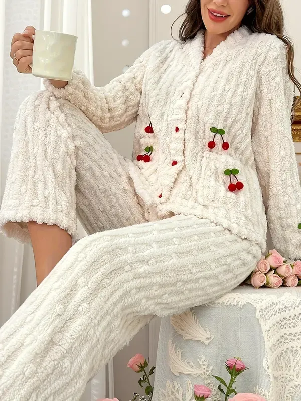 Women's Cherry Decor Fuzzy Lounge Set, Elegant Casual Long Sleeve Top & Pants Set, Women's Sleepwear for Fall & Winter, Pajama