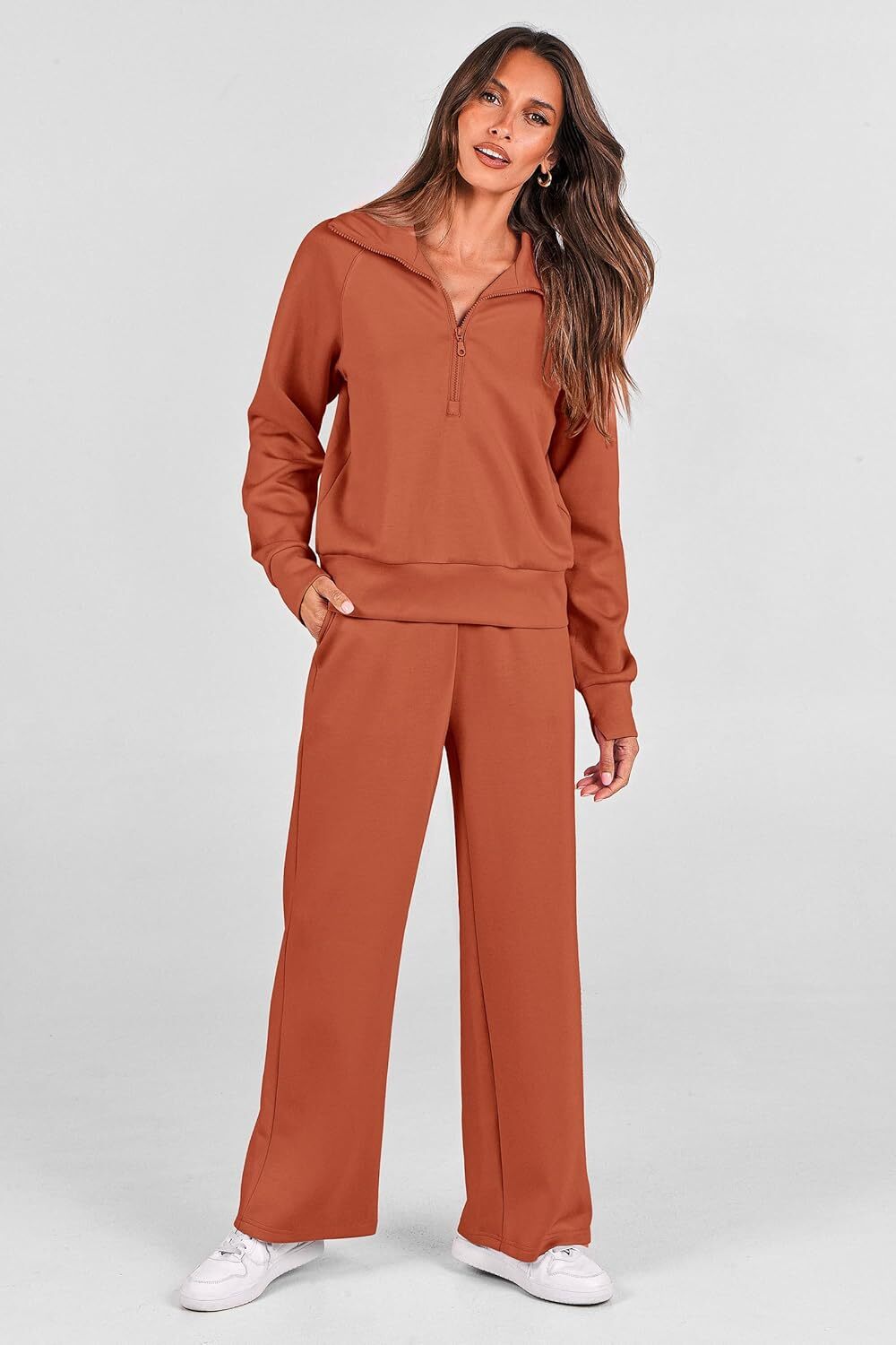 Women's 2 Piece Outfits Casual Lapel Half Zip Sweatshirts And Wide Leg Pants Tracksuit Sets