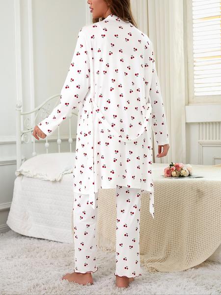 Cherry Print Women's Nightgown Set + Strap Pants, Comfortable Casual Home Wear, All-Season Fitted Sleepwear, Moderate Fabric