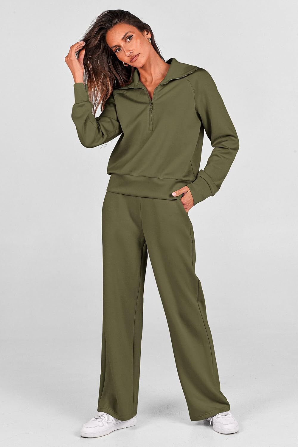 Women's 2 Piece Outfits Casual Lapel Half Zip Sweatshirts And Wide Leg Pants Tracksuit Sets