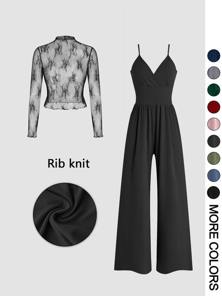 Women's Solid Color Lace Tee & Pocket Jumpsuit Two-piece Set, Elegant Fashion Casual Zipper Back Cami Jumpsuit & Long Sleeve Top for Daily Outdoor Wear, Women's Clothing for Spring & Fall