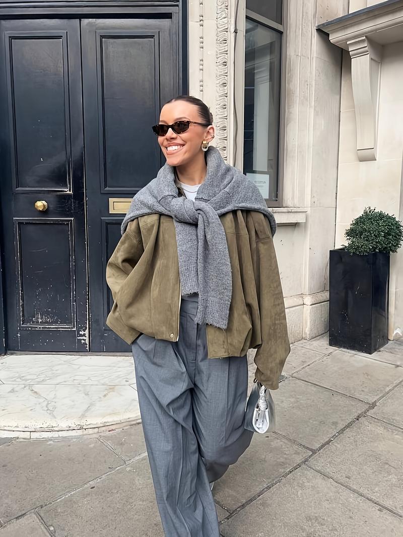 New Spring Autumn Military Short Jacket, Casual Minimalist Loose Fit Women's Coat, Trendy Army Color Outerwear for Daily Wear