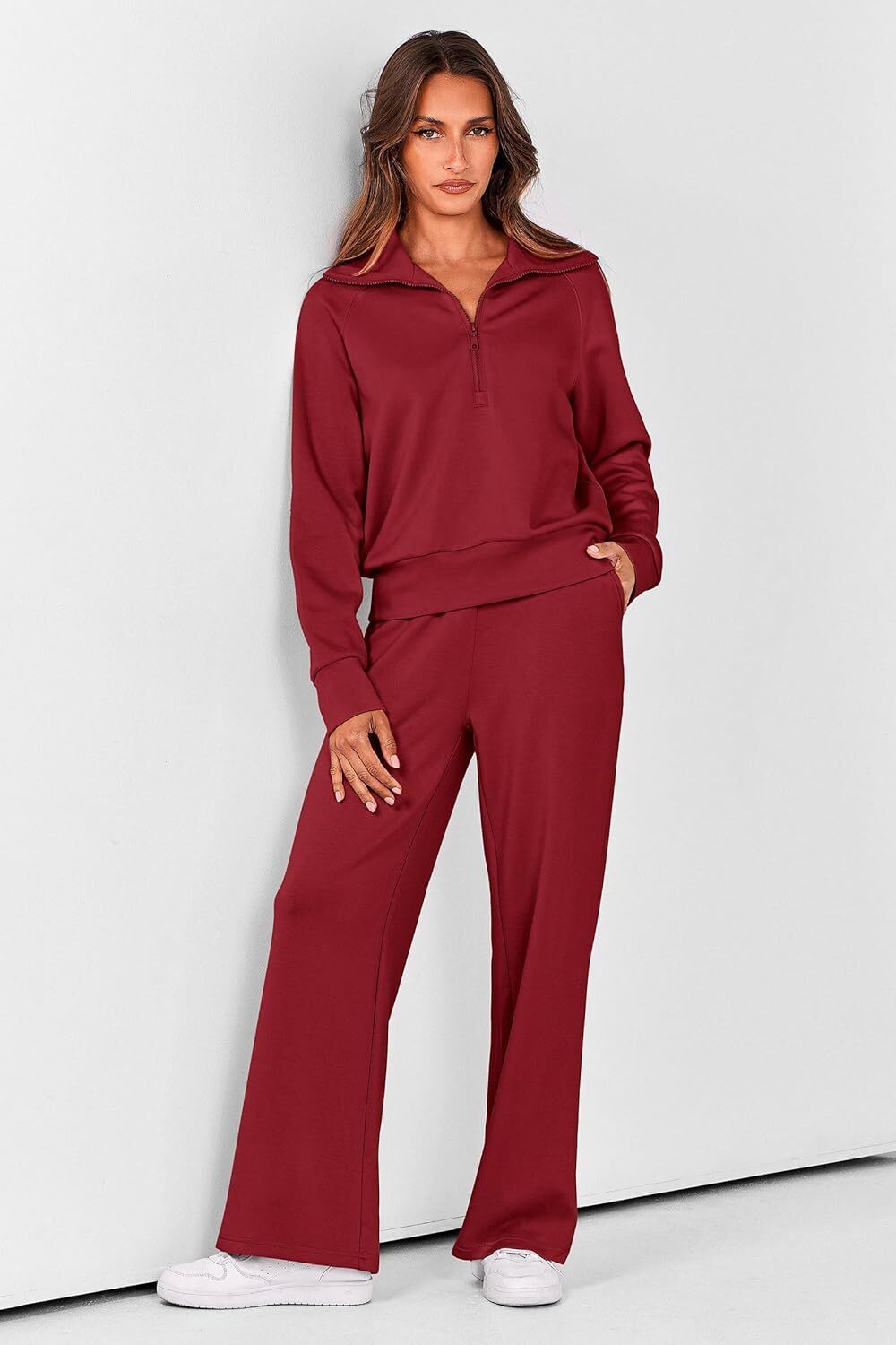 Women's 2 Piece Outfits Casual Lapel Half Zip Sweatshirts And Wide Leg Pants Tracksuit Sets