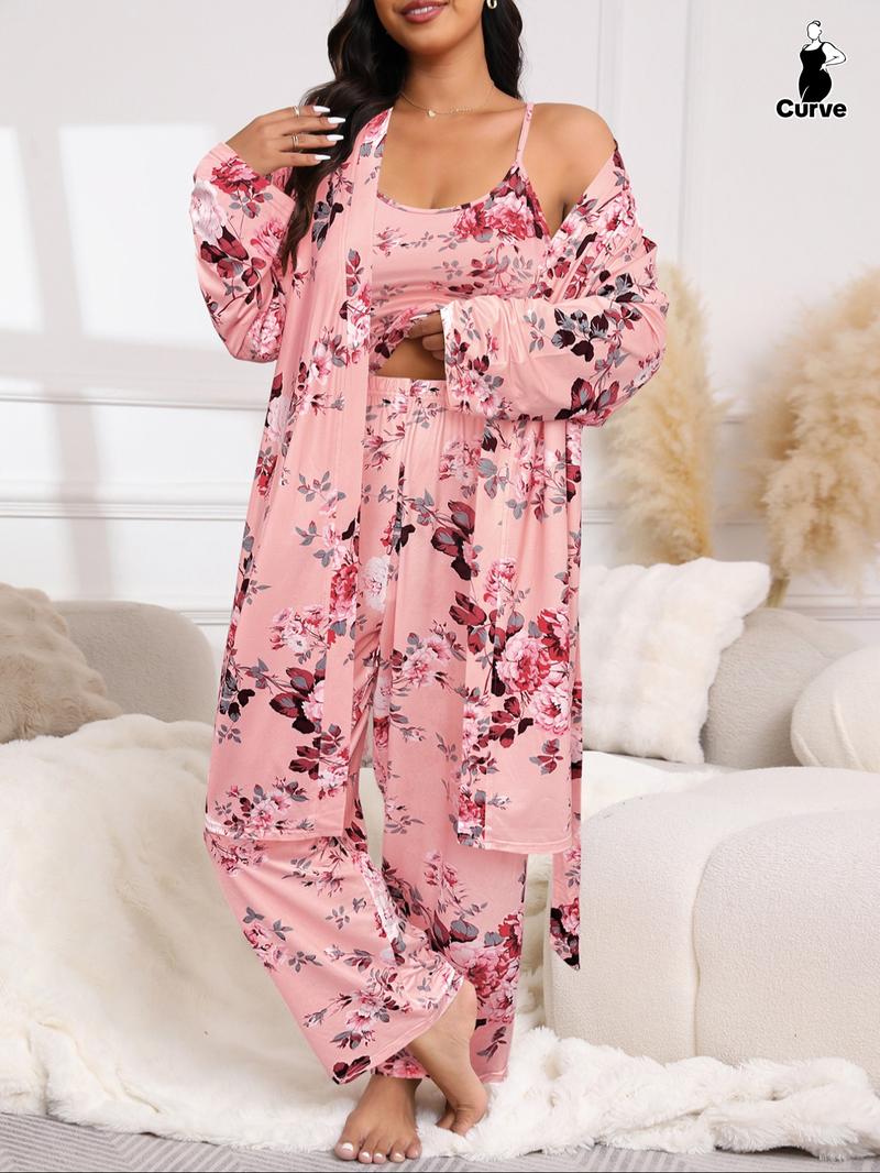 [Plus Size] Three-Piece Set Floral Print Belted Lounge Robe & Cami Top & Elastic Waist Pants Pyjama Set, Elegant Comfy Drop Shoulder Long Sleeve Robe & Sleeveless Top & Bow Decor Trousers PJ Set, Women's Sleepwear for Spring & Fall