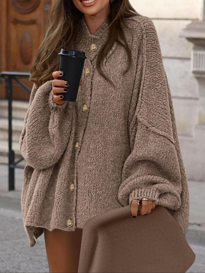 Women's Solid Color Button Cable Knit Cardigan, Casual Long Sleeve Open Front Outerwear for Fall & Winter, Women's Knit Clothing for Daily Wear