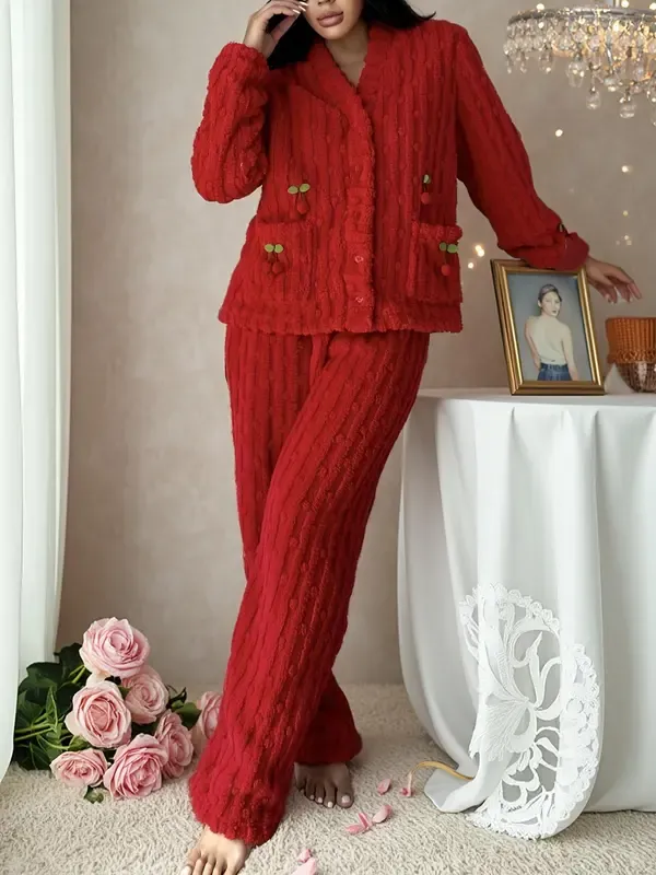 Women's Cherry Decor Fuzzy Lounge Set, Elegant Casual Long Sleeve Top & Pants Set, Women's Sleepwear for Fall & Winter, Pajama