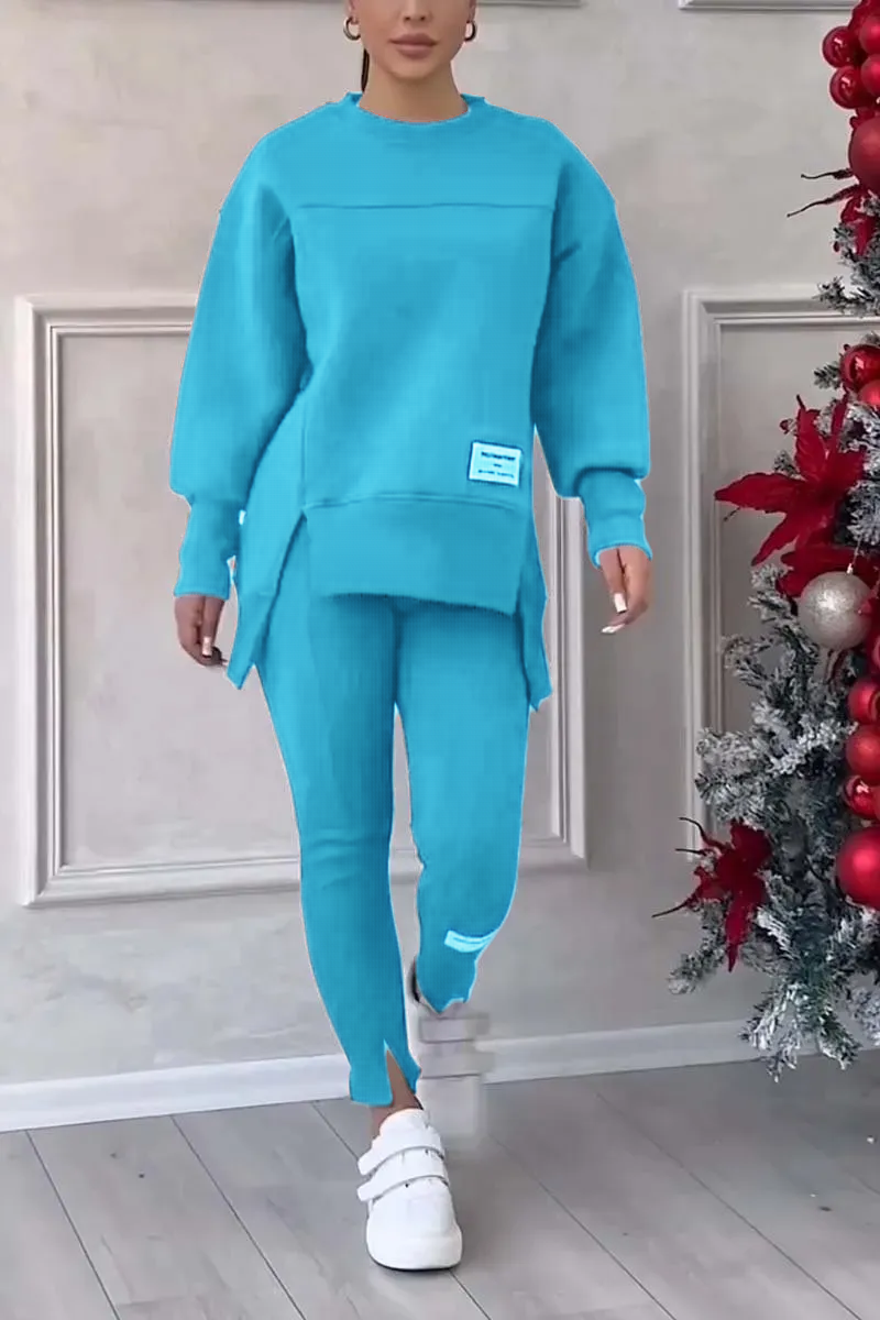🎉Christmas Deals🎉Women's Casual Solid Color Round Neck Long Sleeve Slit Hem Sweatshirt Leggings Set