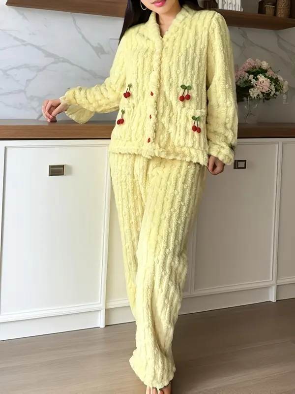 Women's Cherry Decor Fuzzy Lounge Set, Elegant Casual Long Sleeve Top 