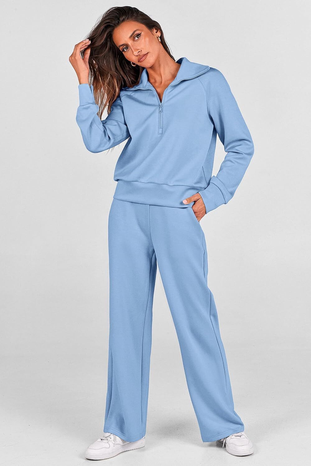 Women's 2 Piece Outfits Casual Lapel Half Zip Sweatshirts And Wide Leg Pants Tracksuit Sets
