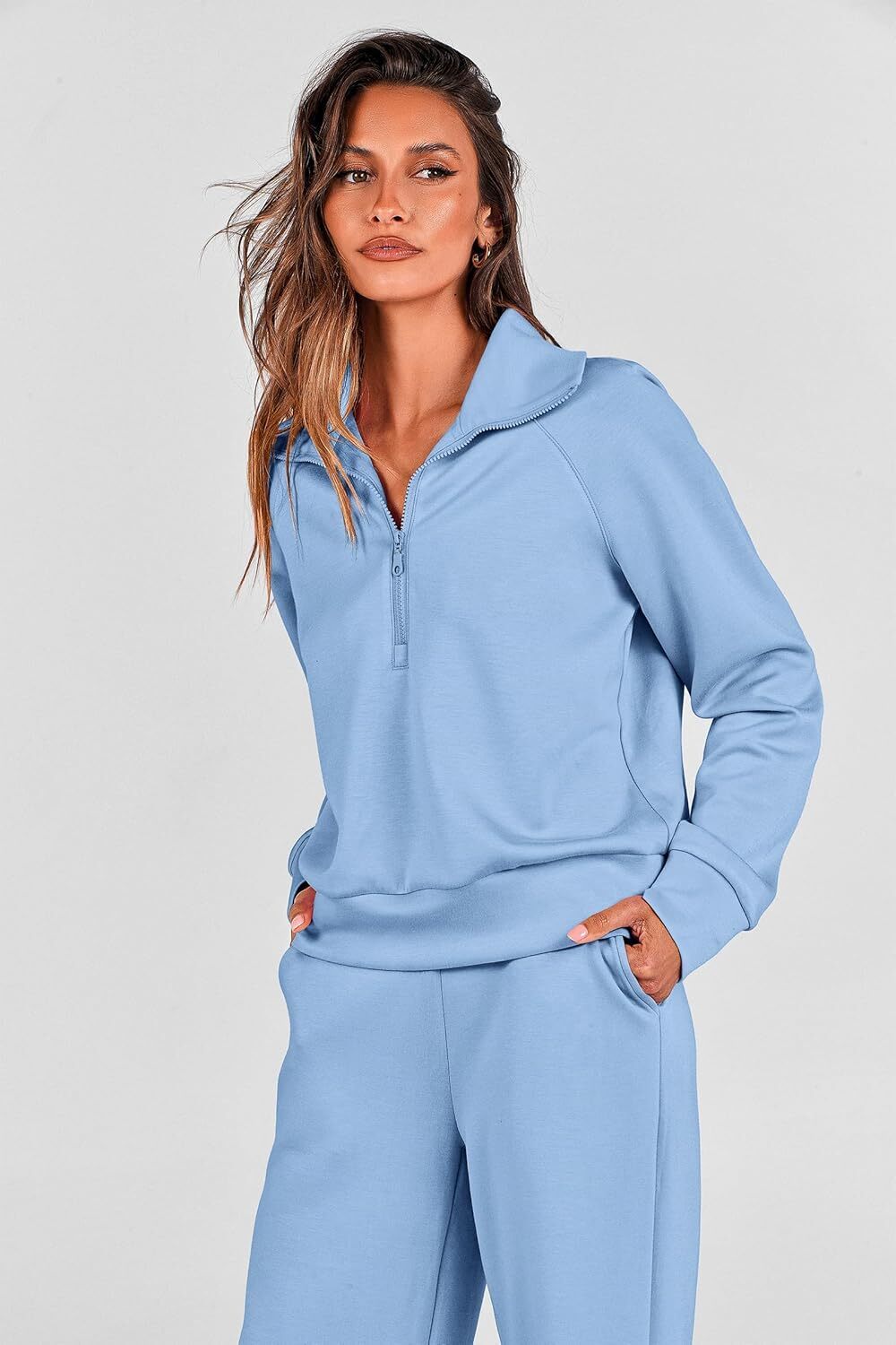 Women's 2 Piece Outfits Casual Lapel Half Zip Sweatshirts And Wide Leg Pants Tracksuit Sets