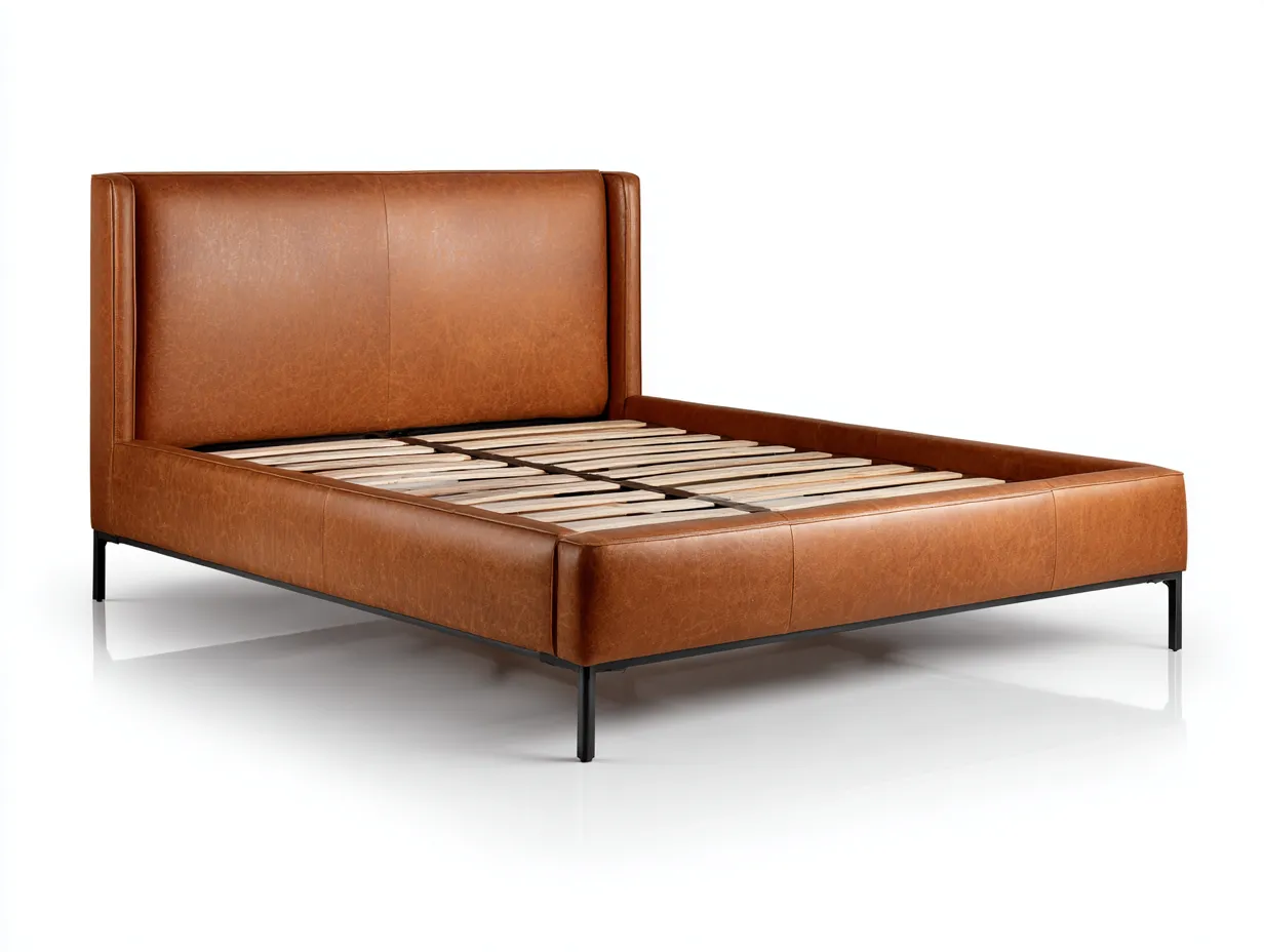 Cama doble 200x160x110 cm - piel sintética marrón - estructura metálica moderna
