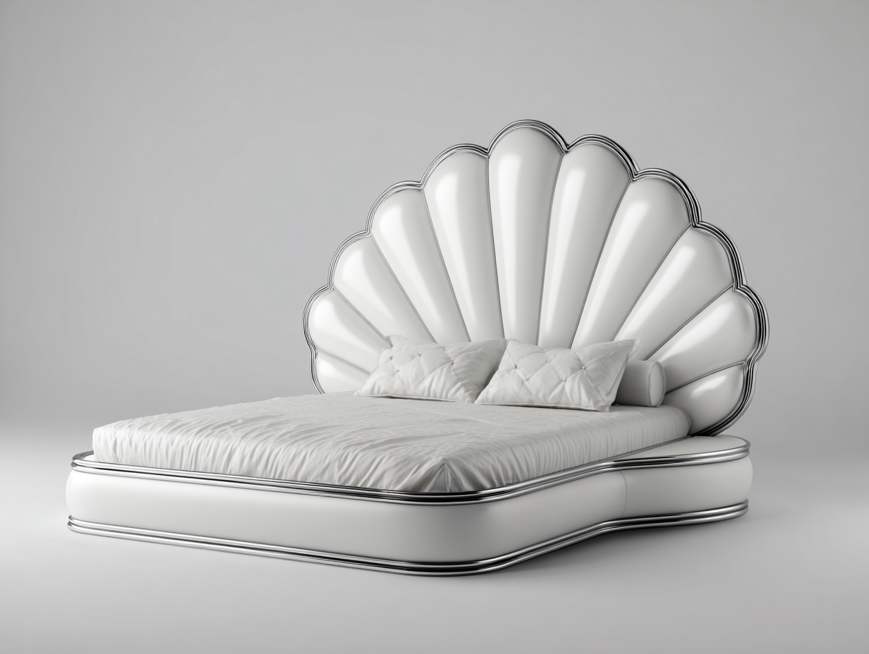 Cama doble 225x200x160 cm - diseño con cabecero en forma de concha - tapizado en cuero blanco con detalles plateados - estilo art déco-Placidaro