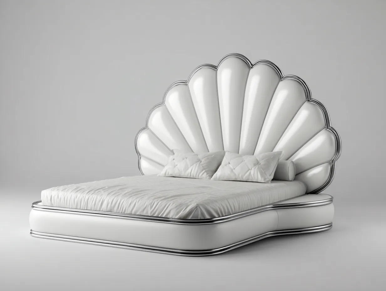 Cama doble 225x200x160 cm - diseño con cabecero en forma de concha - tapizado en cuero blanco con detalles plateados - estilo art déco-Placidaro