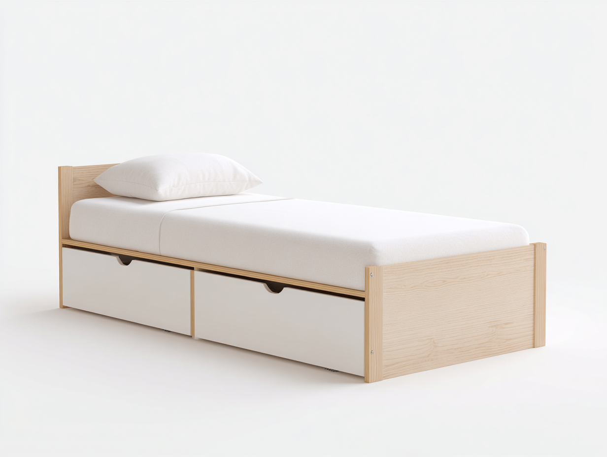 Cama individual 200x90x85 cm - madera clara con cajones blancos - estilo moderno