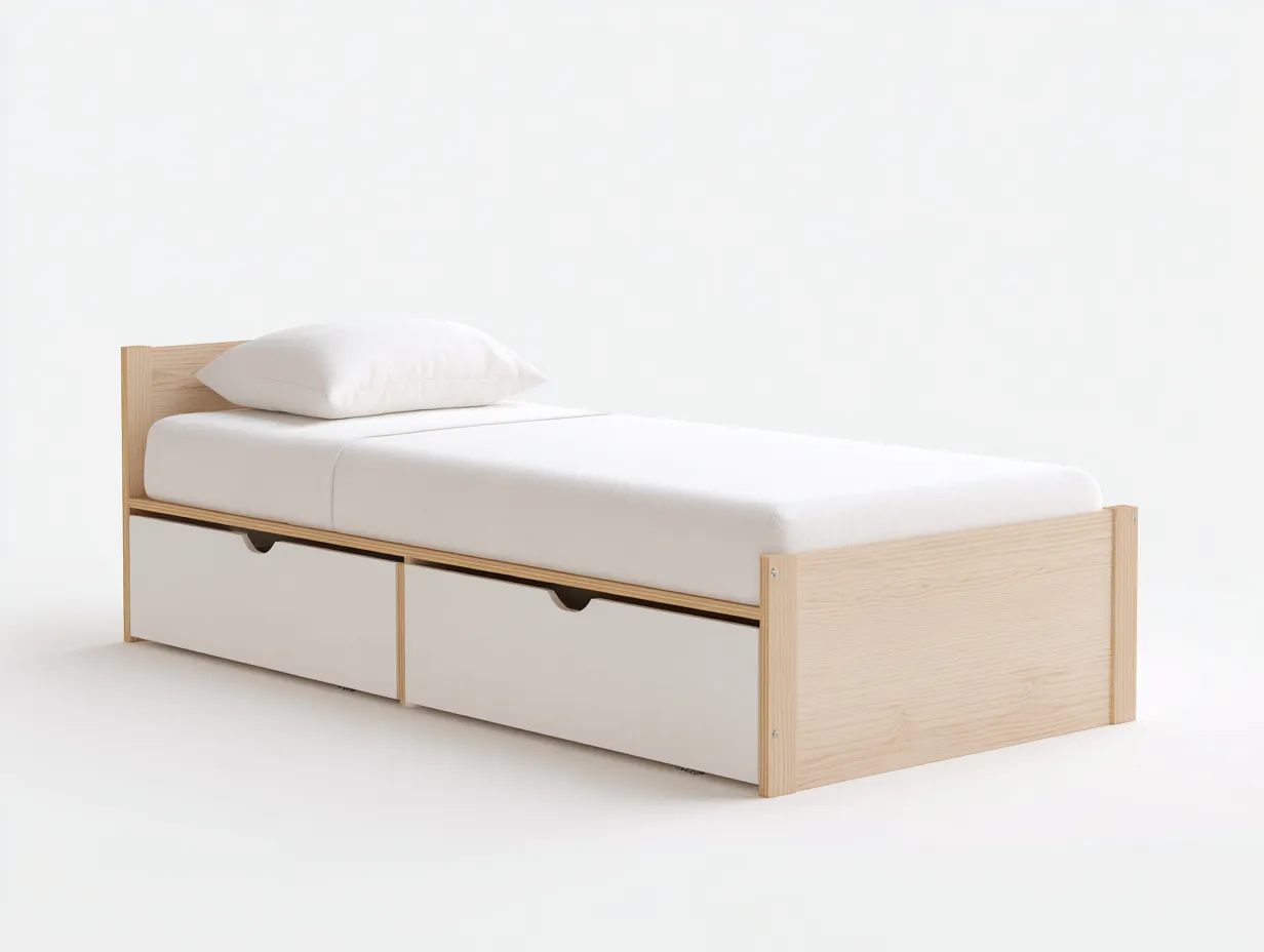 Cama individual 200x90x85 cm - madera clara con cajones blancos - estilo moderno