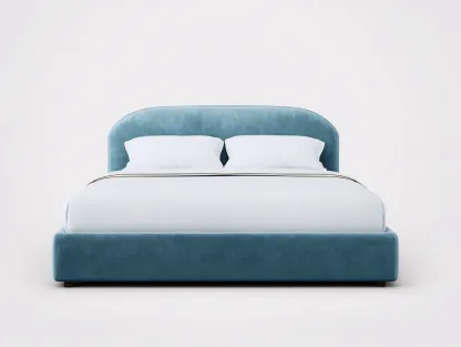 Cama doble 200x160x105 cm - tapizada en terciopelo azul - cabecero curvo moderno