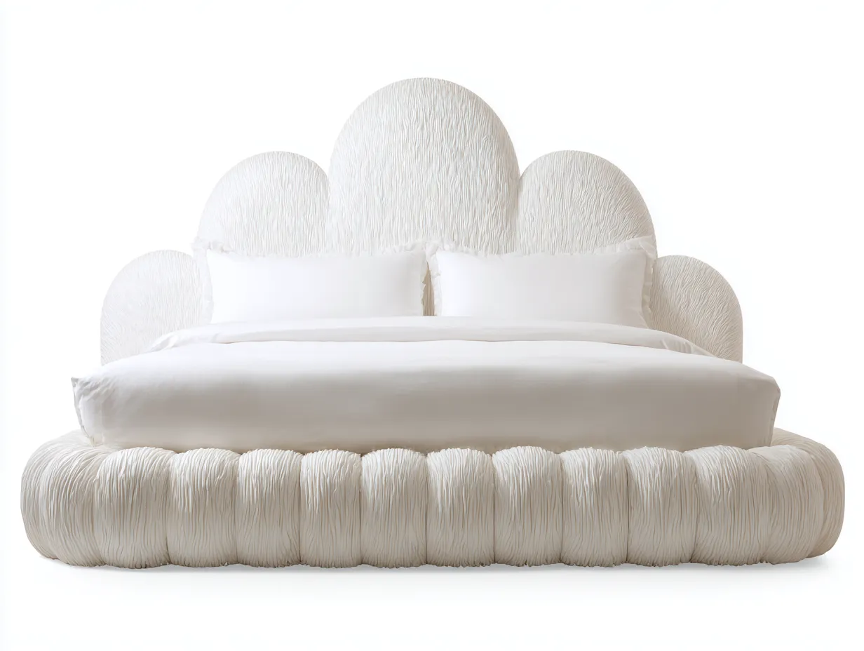 Cama doble 220x190x130 cm - tapizada en tejido blanco mullido con cabecero en forma de nubes - estilo moderno y creativo-Placidaro