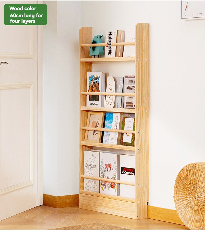 Simple Solid Wood Bookshelf Home Bookcase Floor-Standing Children'S Picture Book Shelf Wall Storage Shelf Living Room Door Storage Bookshelf
