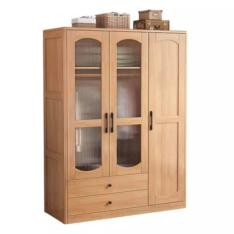 Solid Wood Wardrobe Japanese Simple Modern Log Wardrobe Combination Wooden Home Bedroom Small Apartment Modern Large Wardrobe