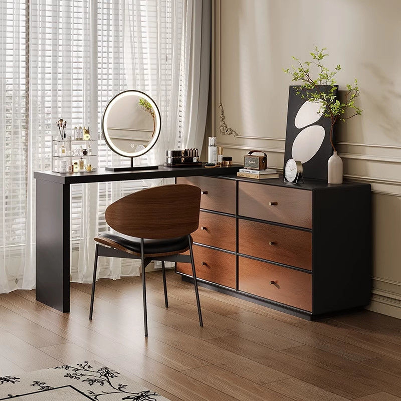 Medieval Style Light Luxury Solid Wood Dressing Table And Cupboard Integrated Retro Style Bedroom Six-Drawer Corner Desk Storage Makeup Table
