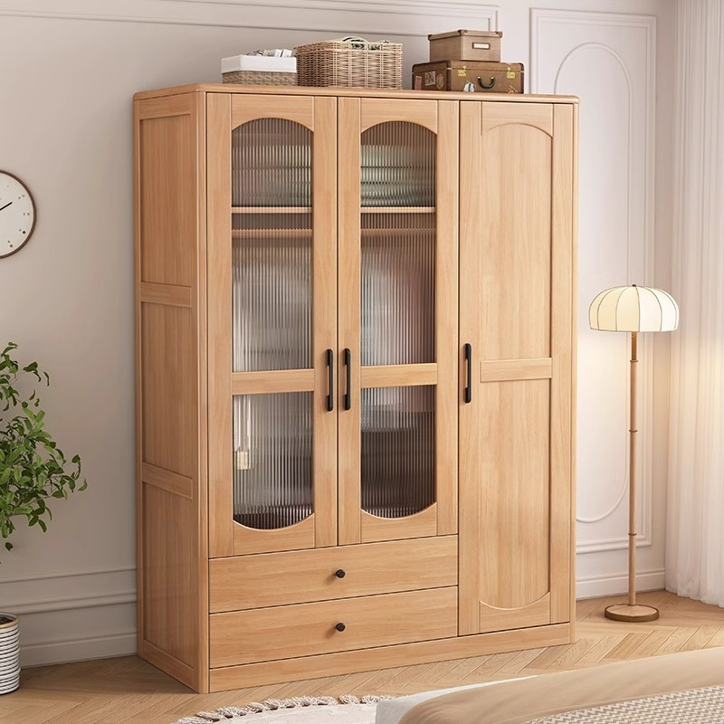Solid Wood Wardrobe Japanese Simple Modern Log Wardrobe Combination Wooden Home Bedroom Small Apartment Modern Large Wardrobe