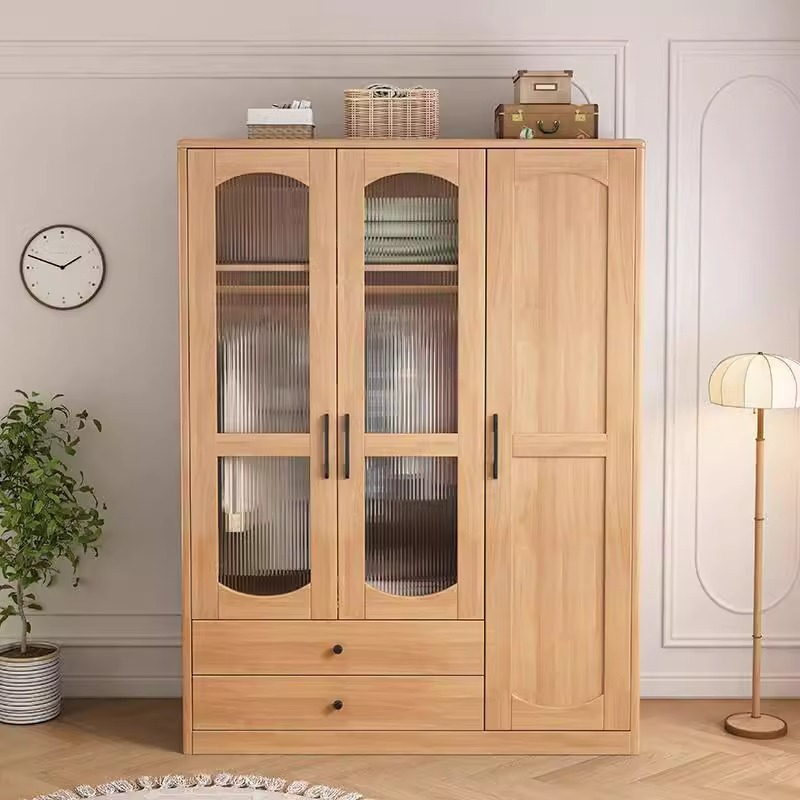 Solid Wood Wardrobe Japanese Simple Modern Log Wardrobe Combination Wooden Home Bedroom Small Apartment Modern Large Wardrobe