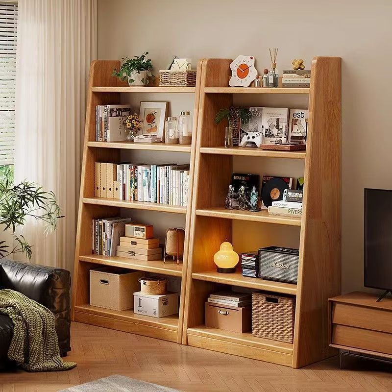 Solid Wood Bookshelf Floor-Standing Storage Rack Trapezoidal Storage Storage Rack Integrated Wall-Mounted Home Living Room Display Simple Bookcase