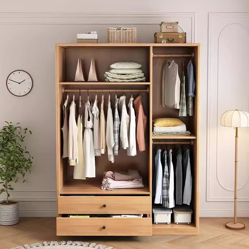 Solid Wood Wardrobe Japanese Simple Modern Log Wardrobe Combination Wooden Home Bedroom Small Apartment Modern Large Wardrobe