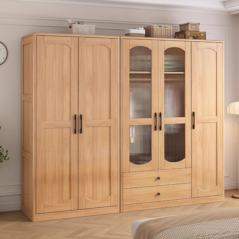 Solid Wood Wardrobe Japanese Simple Modern Log Wardrobe Combination Wooden Home Bedroom Small Apartment Modern Large Wardrobe