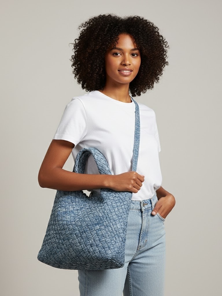 Luckcus Handwoven Denim Tote With Handwoven Inner Pocket