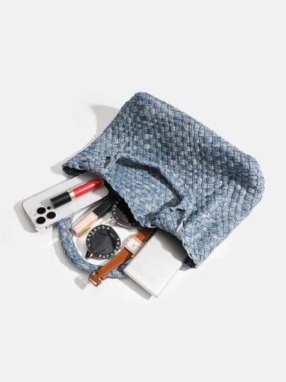 Luckcus Handwoven Denim Tote With Handwoven Inner Pocket