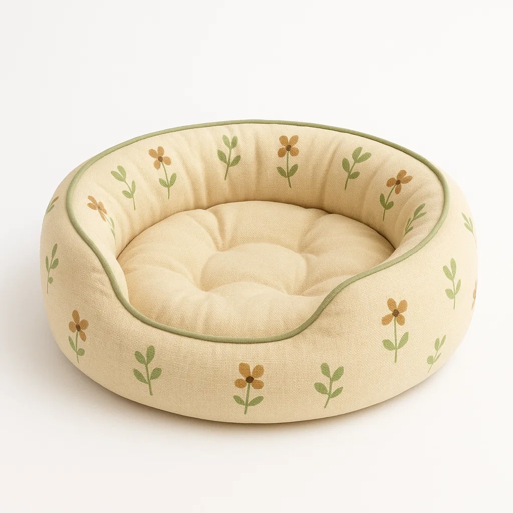 Cama para perro redonda de algodón y poliéster con diseño de flores