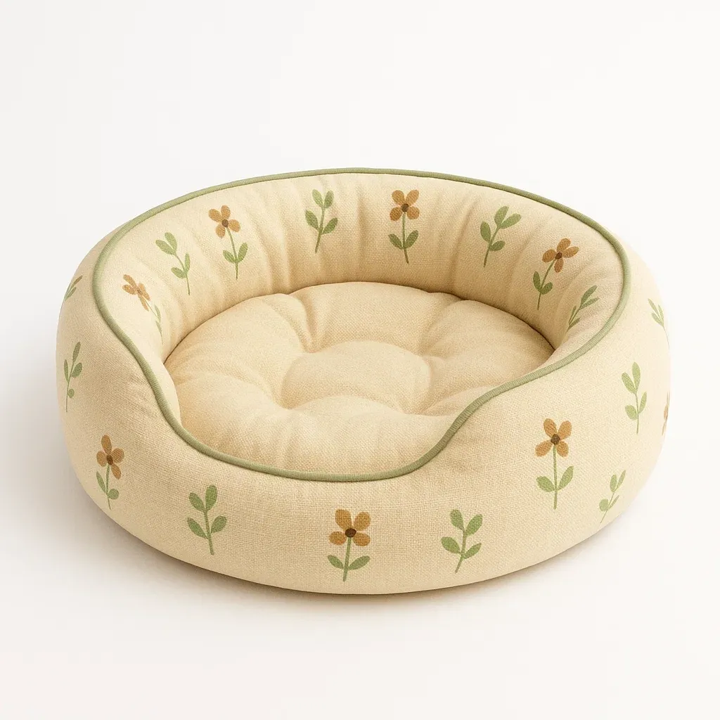 Cama para perro redonda de algodón y poliéster con diseño de flores