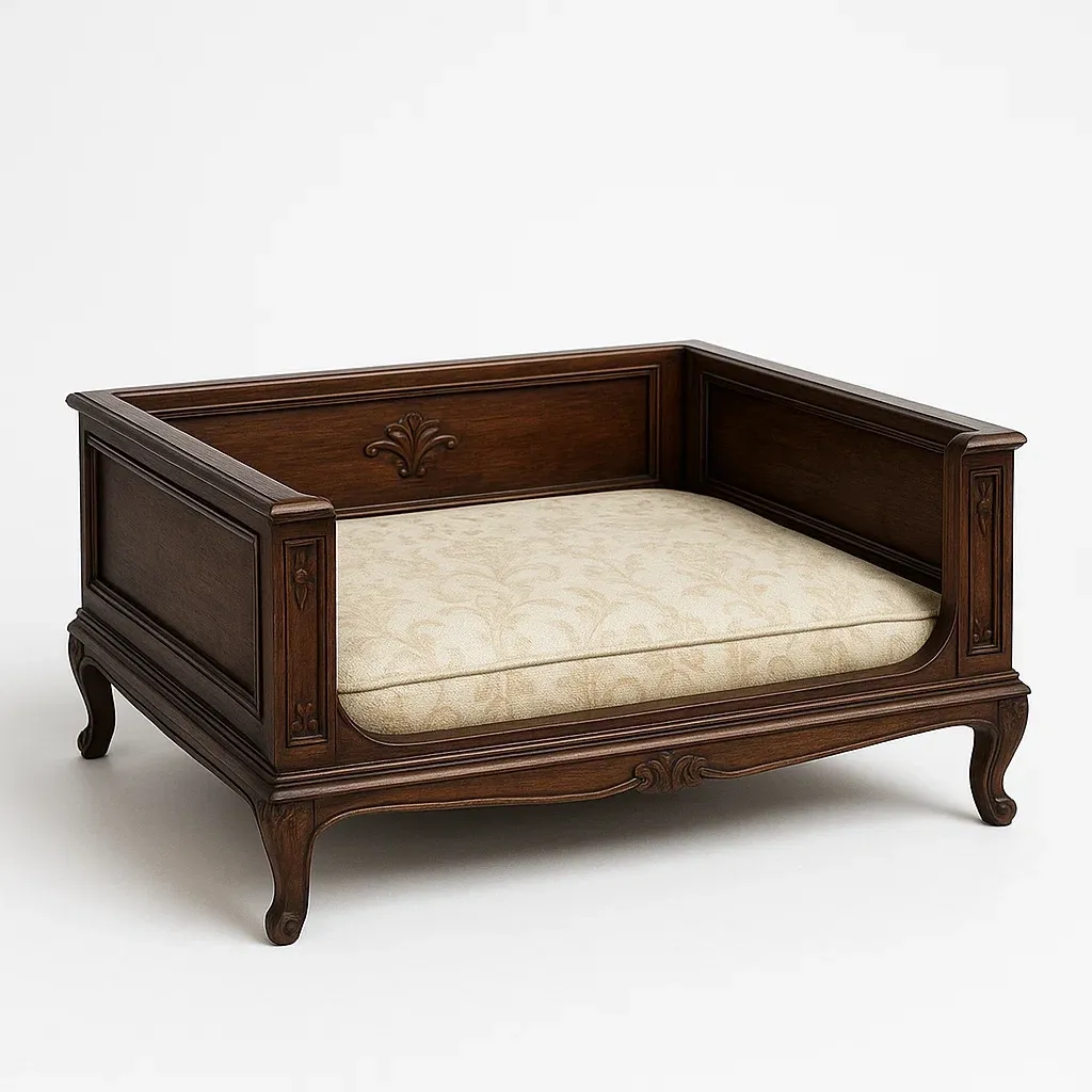 Cama para perro de madera marrón con cojín de poliéster beige