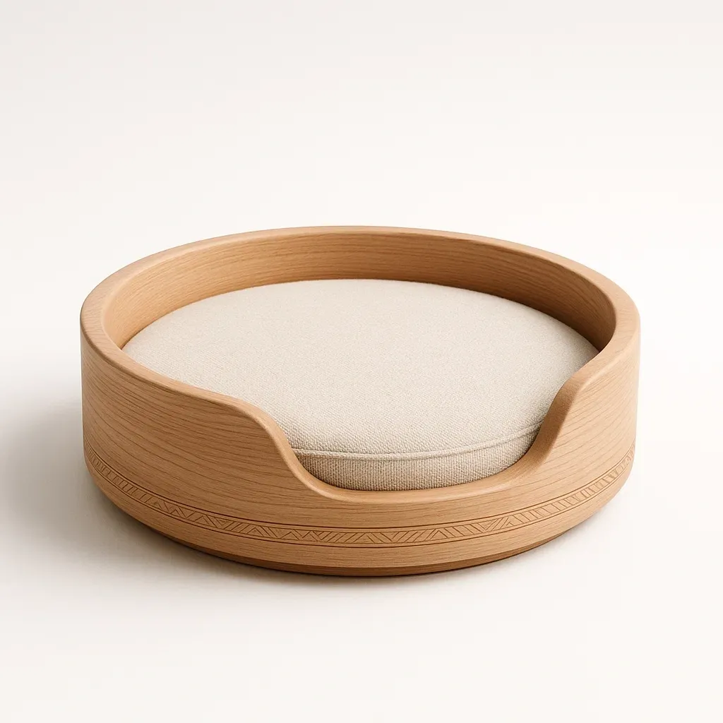 Cama para perro redonda de madera y tela