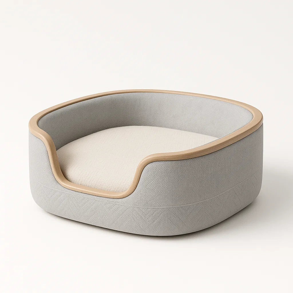 Cama para perro de poliéster gris claro con borde de madera 65x65x30 cm