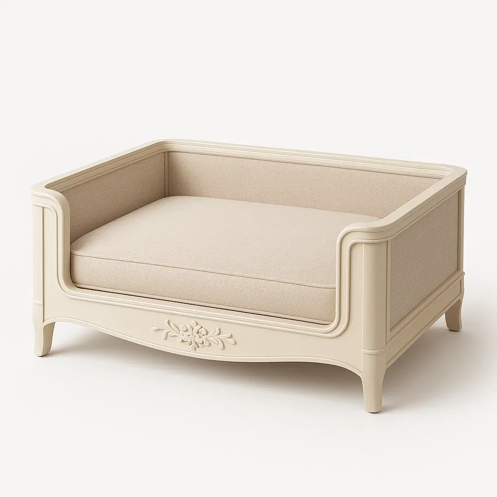 Cama para perro tipo sofá de madera y algodón beige 60x40x30 cm