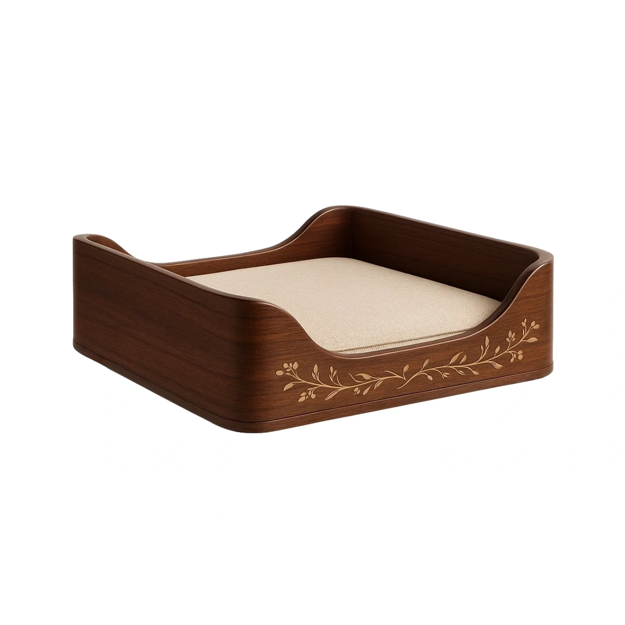 Cama para perro de madera con cojín de poliéster beige