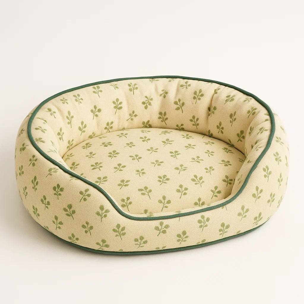 Cama para perro ovalada de algodón beige y verde 60x50x20 cm