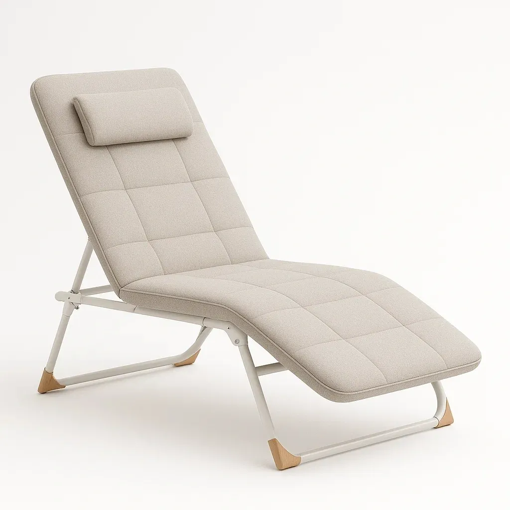 Camastro de camping plegable beige con estructura de aluminio y tela de poliéster