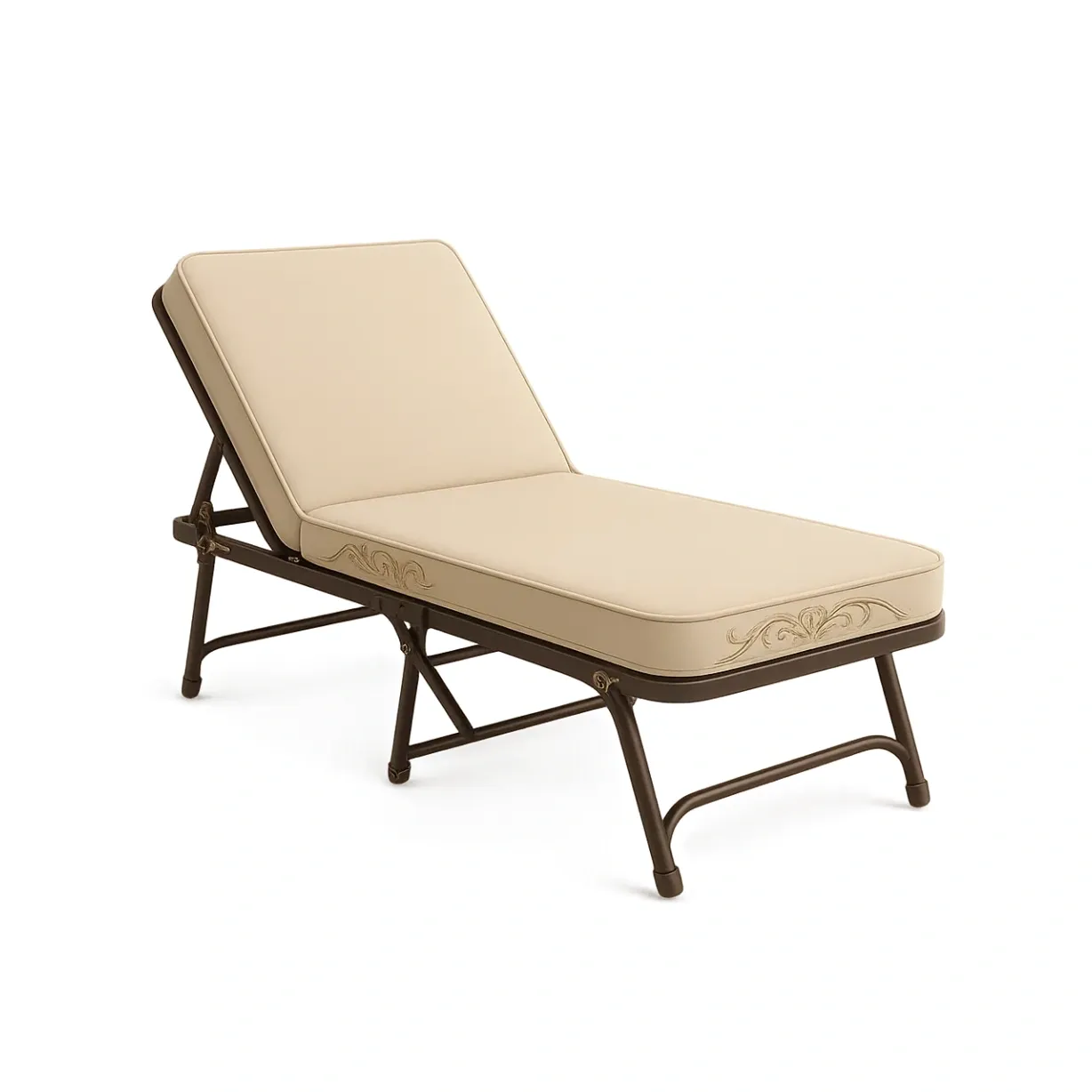 Camastro de camping ajustable de metal con tapicería de poliuretano color beige